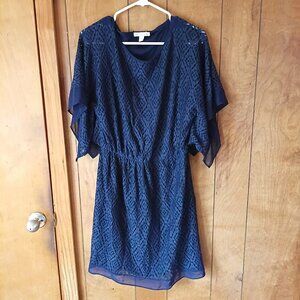 Women’s Navy Blue Lace Dress Size 10 Elastic Waist Flutter Sleeve Cocktail Party
